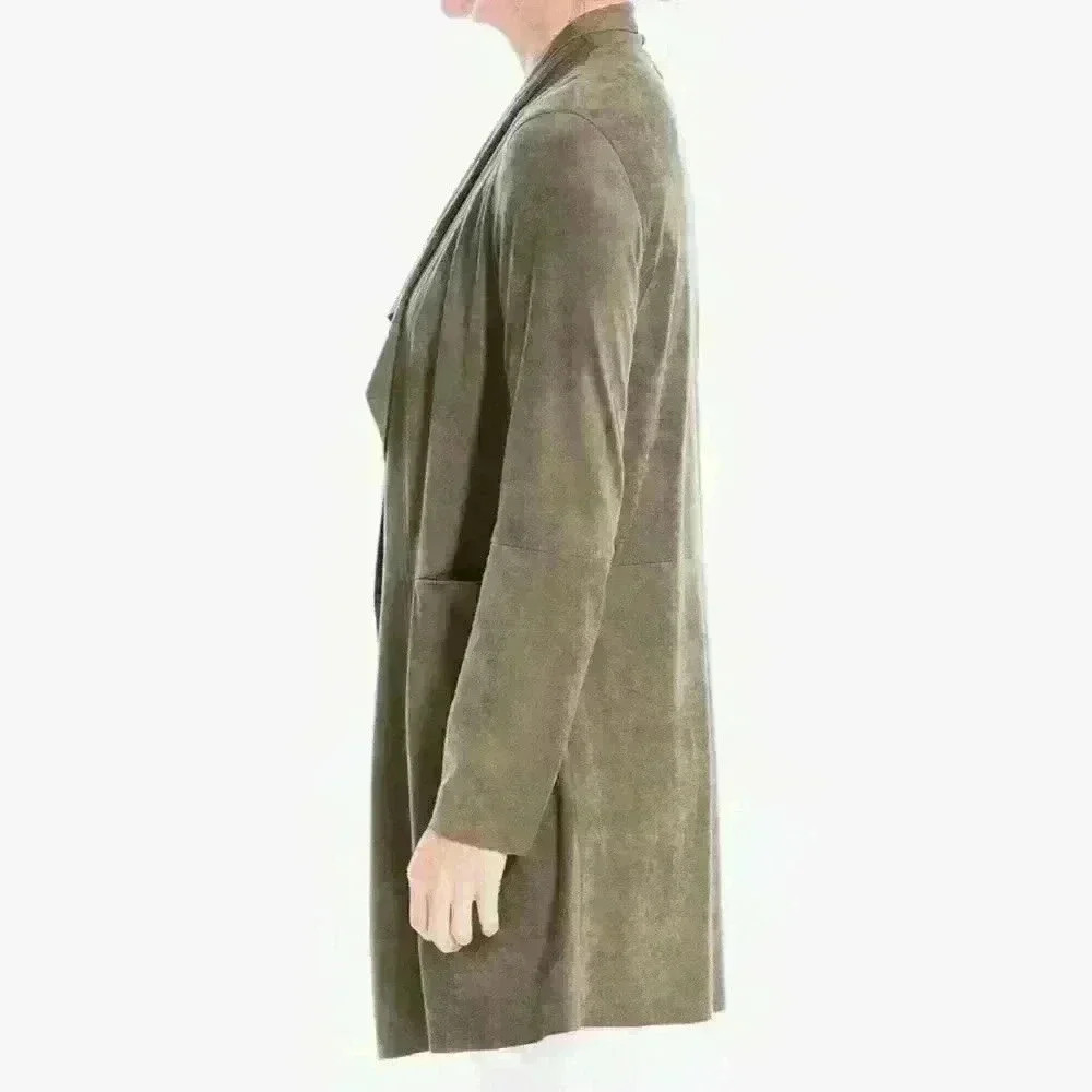 Max Studio Olive Green Faux Suede Coat Size M Faux Leather Weather! - Picture 2 of 9
